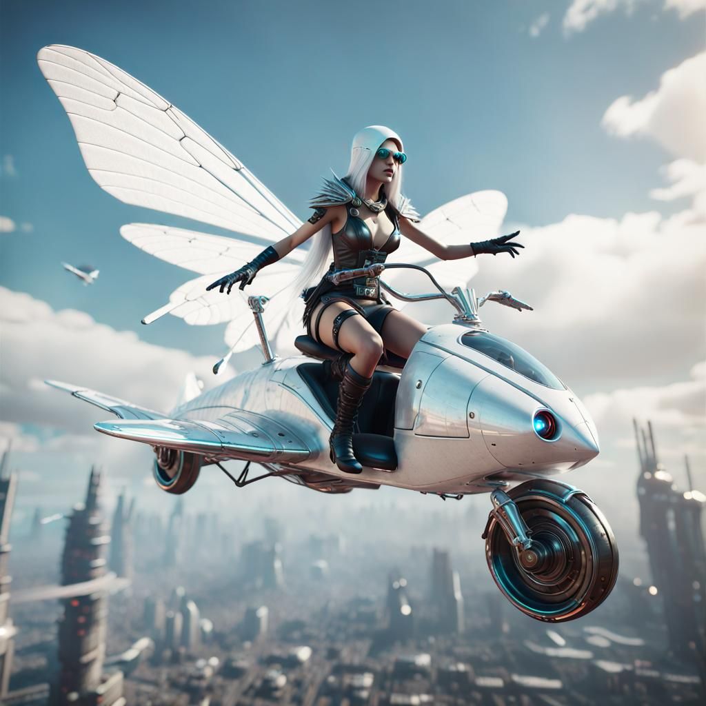 Cyberpunk Witch on Moth Glider Approaching