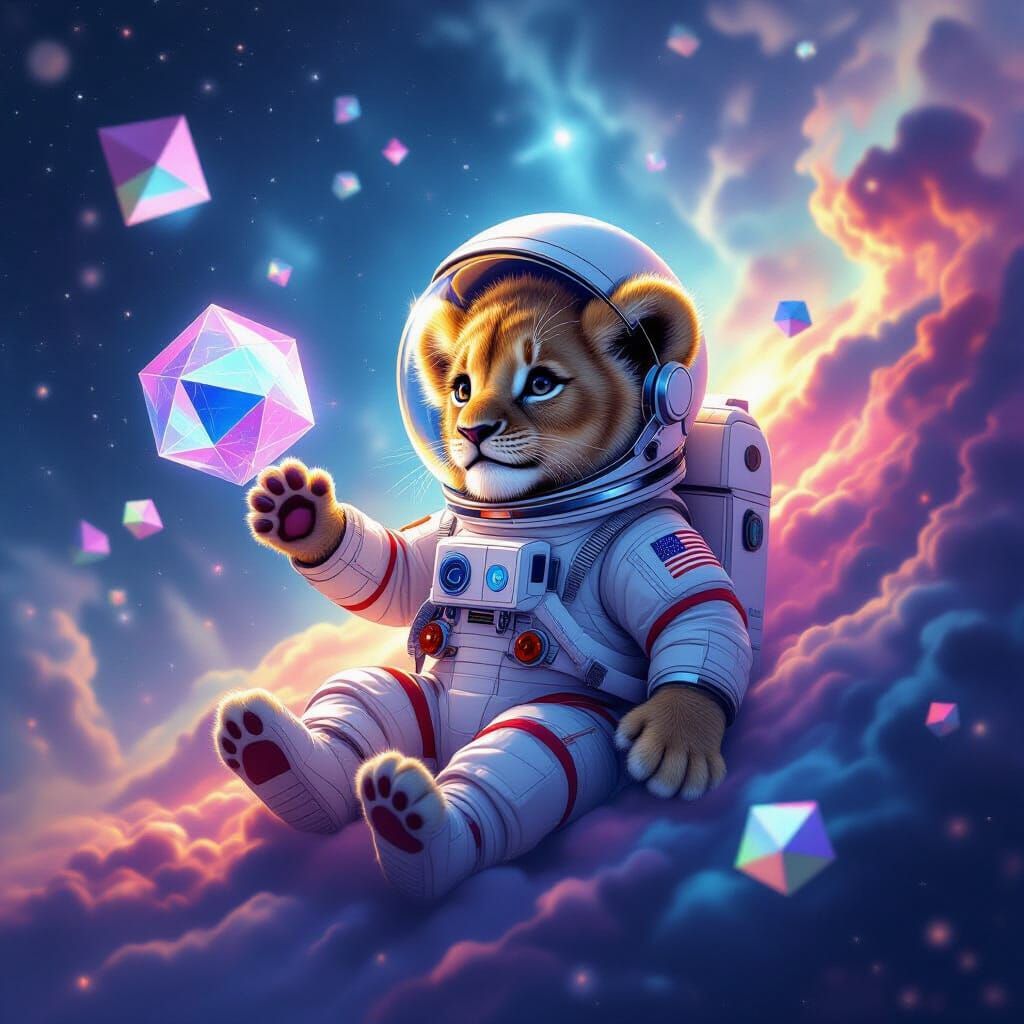 Bewildered Lion Cub Astronaut in Cosmic Nebula
