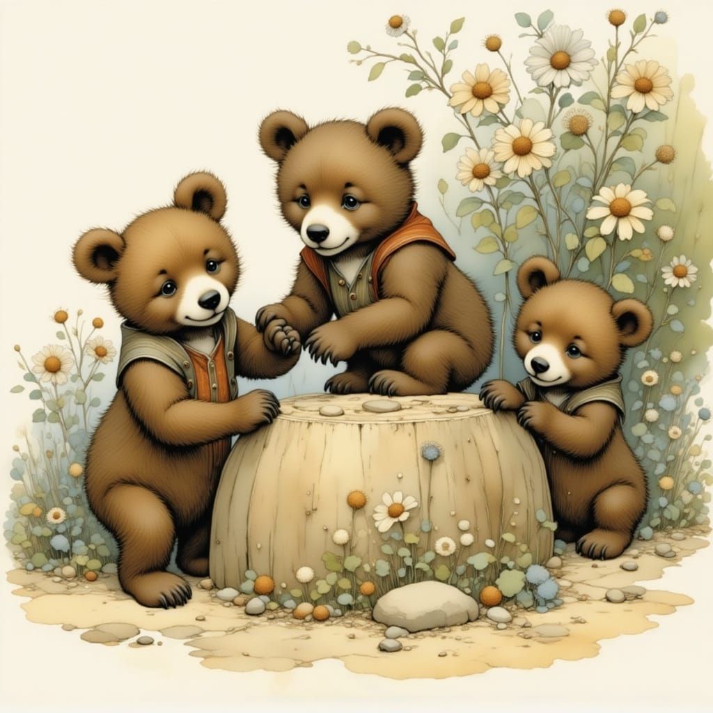 Whimsical Bear Cubs in a Vintage World