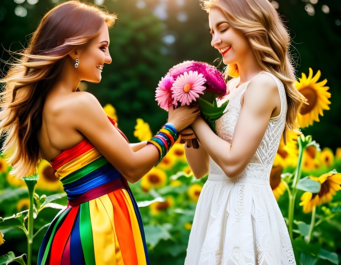 Two Girls Hugging in Romantic Rainbow Sunflower Garden