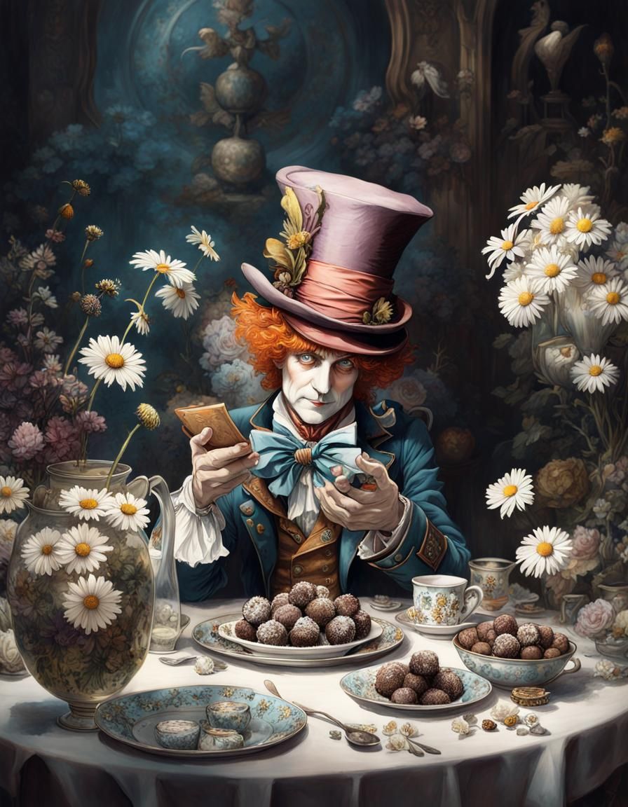 Mad Hatter's Chocolate Truffle Feast: Intricate Ink Illustra...