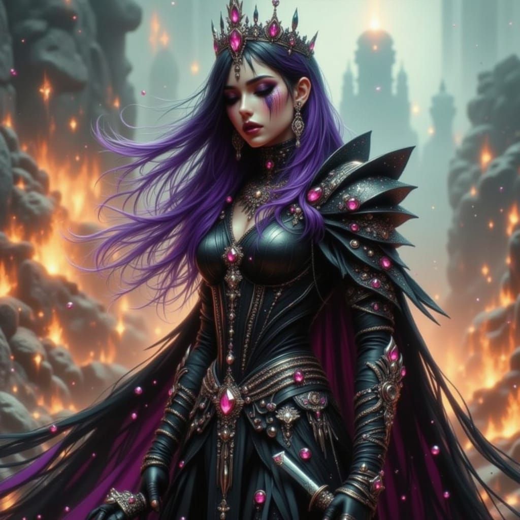 Cyberpunk Ether Queen on a Fiery Battlefield