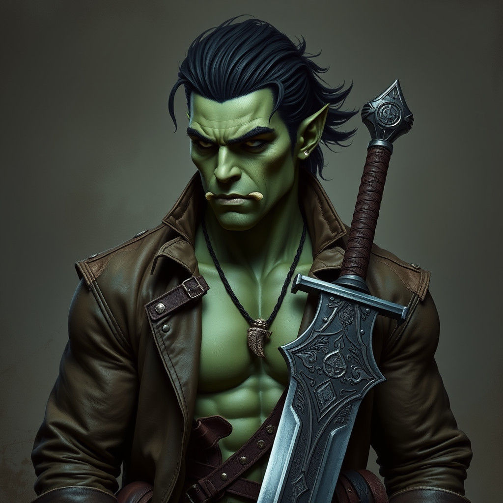 Half-Orc with Etched Sword in Dark Fantasy Style