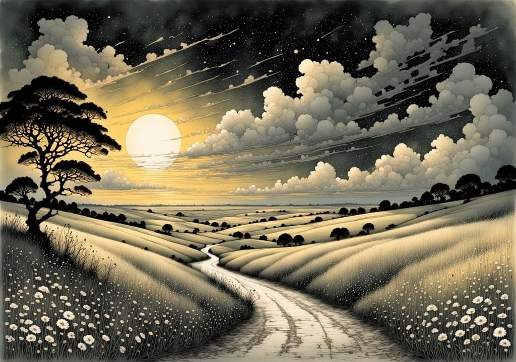 Twilight Landscape with Ornamental Clouds, Ethereal Love Son...