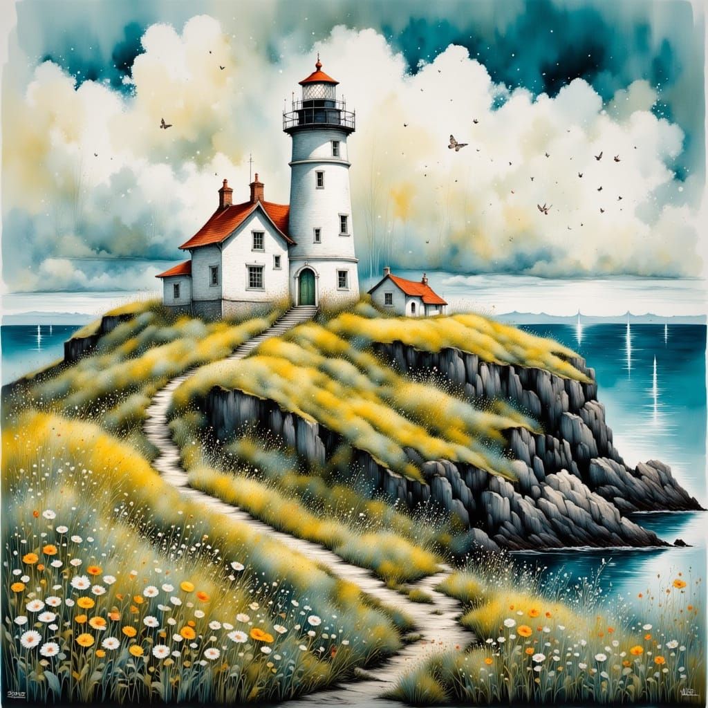 Vibrant Lighthouse Isle with Tiny Cottages in a Gentle Lands...