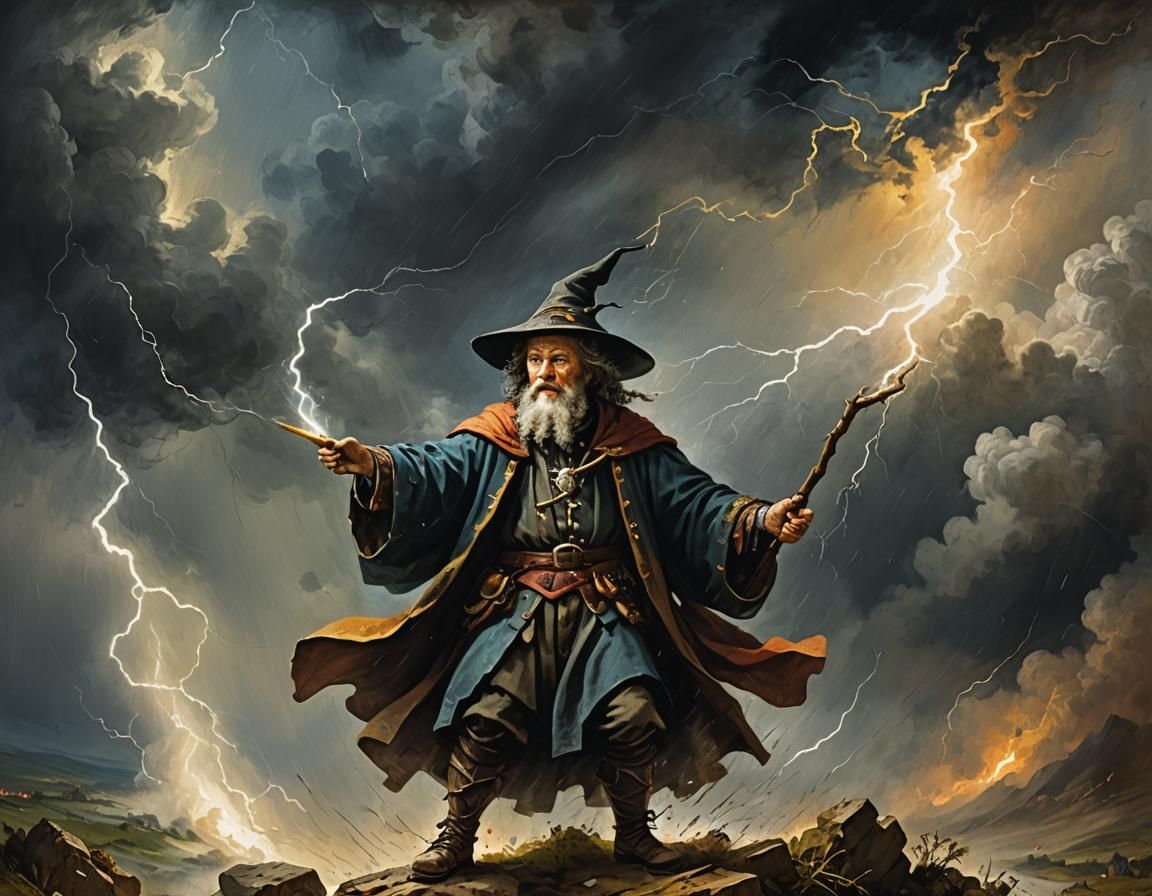 Wizard Conjuring Thunderstorm in Impasto Gouache Style