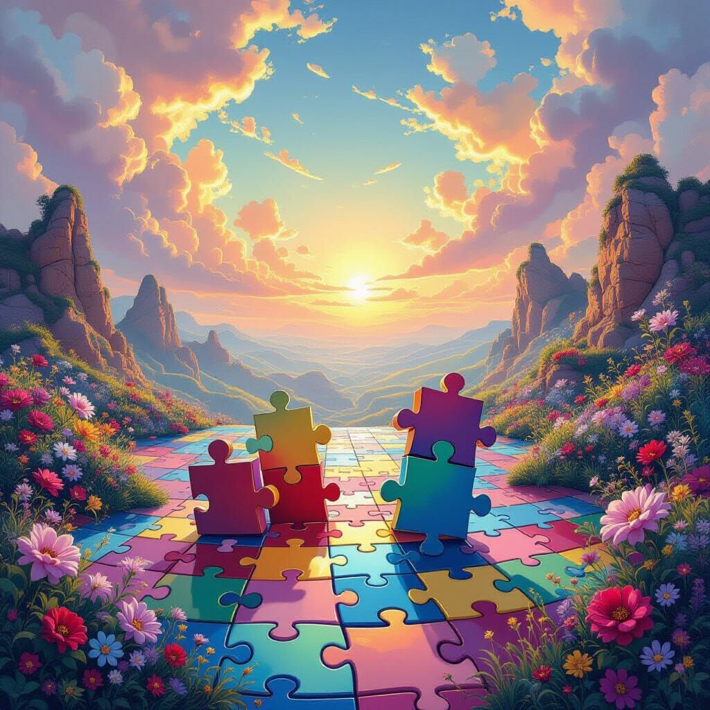 Colorful Puzzle Pieces Hide in Surreal Landscape Painting