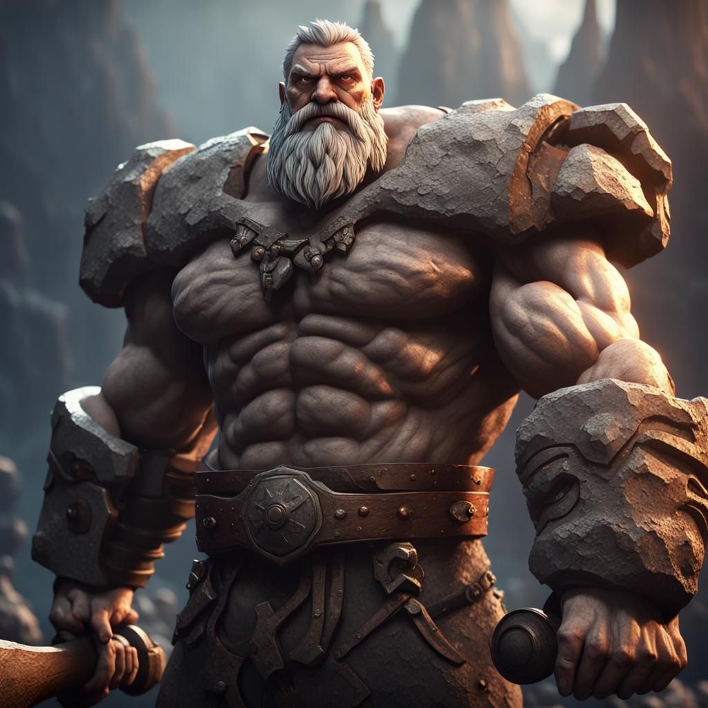 Stone Giant Hero with Hammer in 3D Cinematic Style