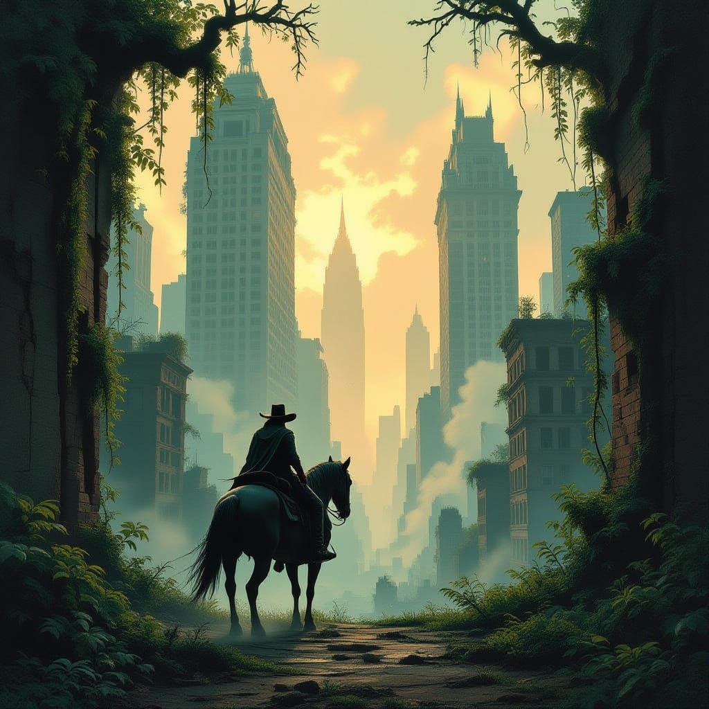 Cowboy on Spectral Horse in Overgrown City