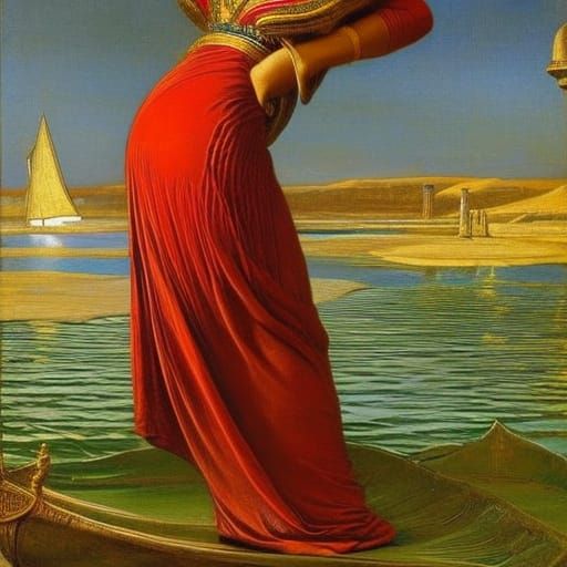 Ancient Egypt, Nubian woman emerging from Nile river, water rivulets and reflection, ornamental lotus papyrus sensual gr...