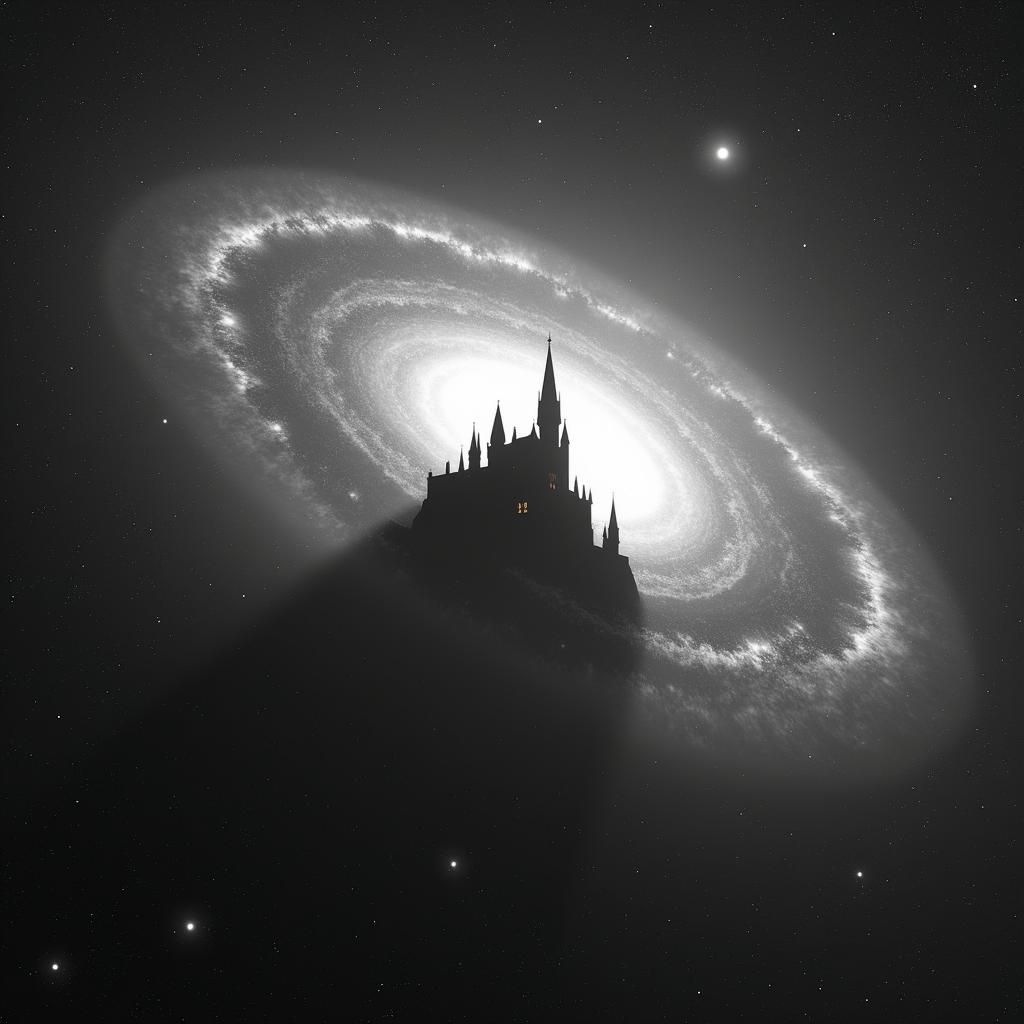 Monochrome Galaxy with Floating Castle