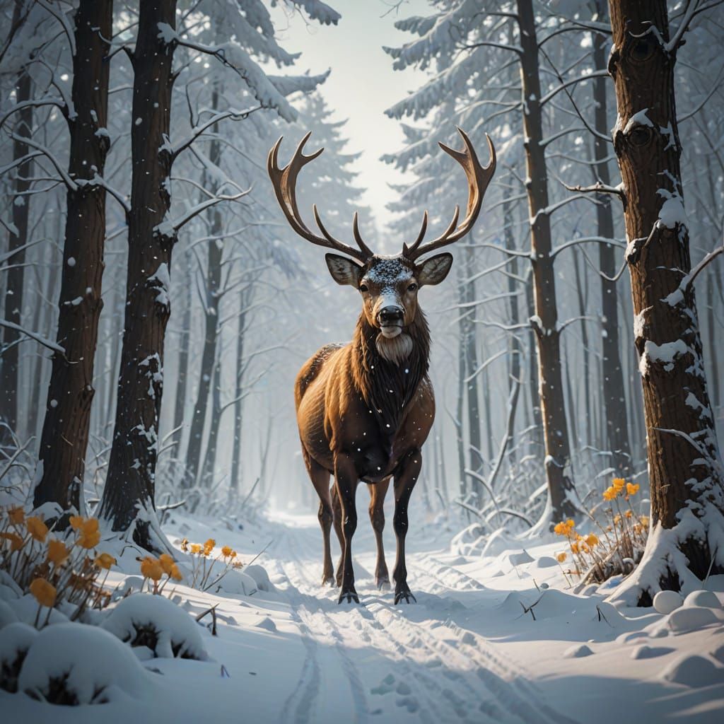 Majestic Deer in Snowy Landscape