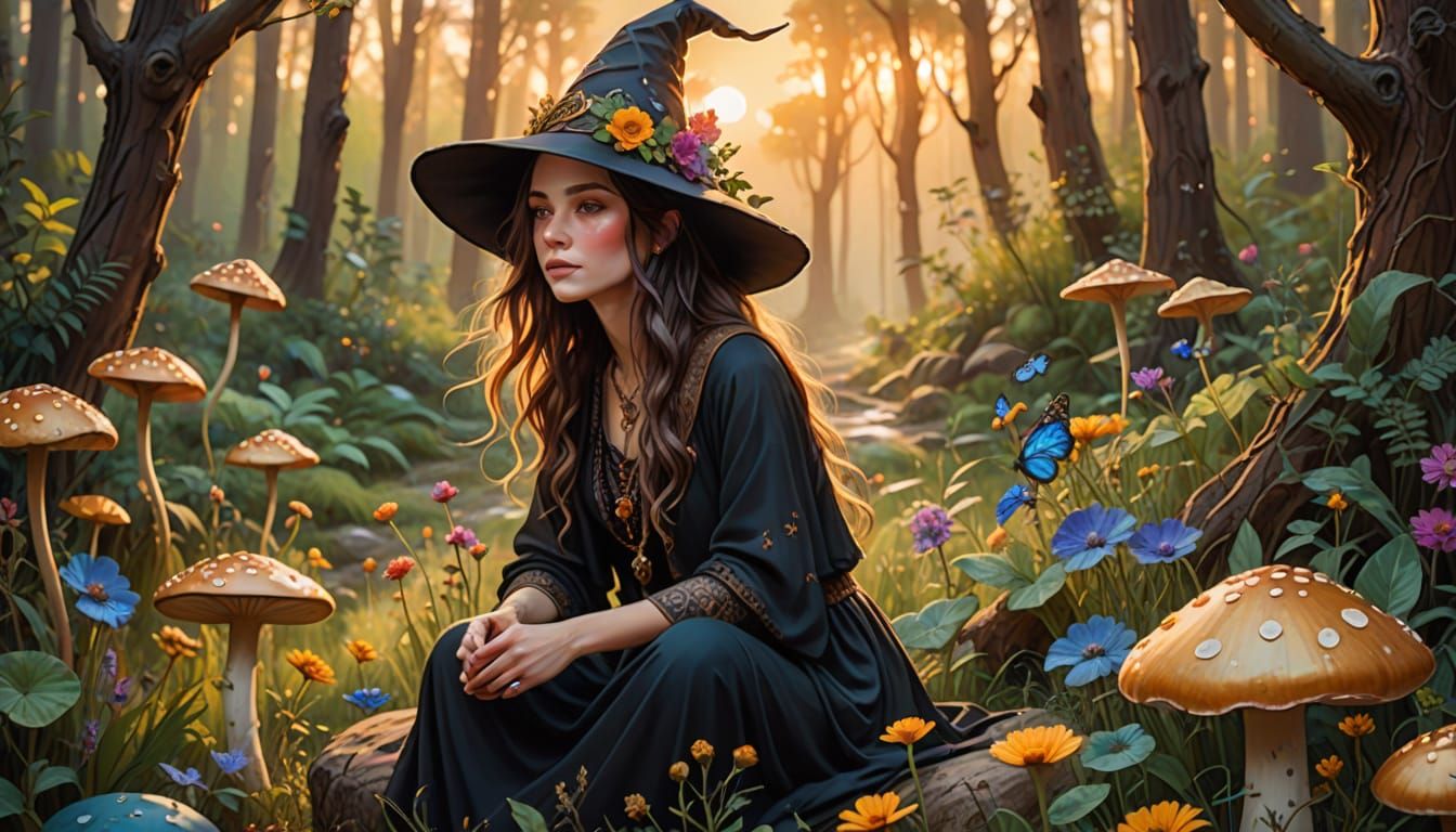 Boho Witch in Magical Forest Watercolor Illustration