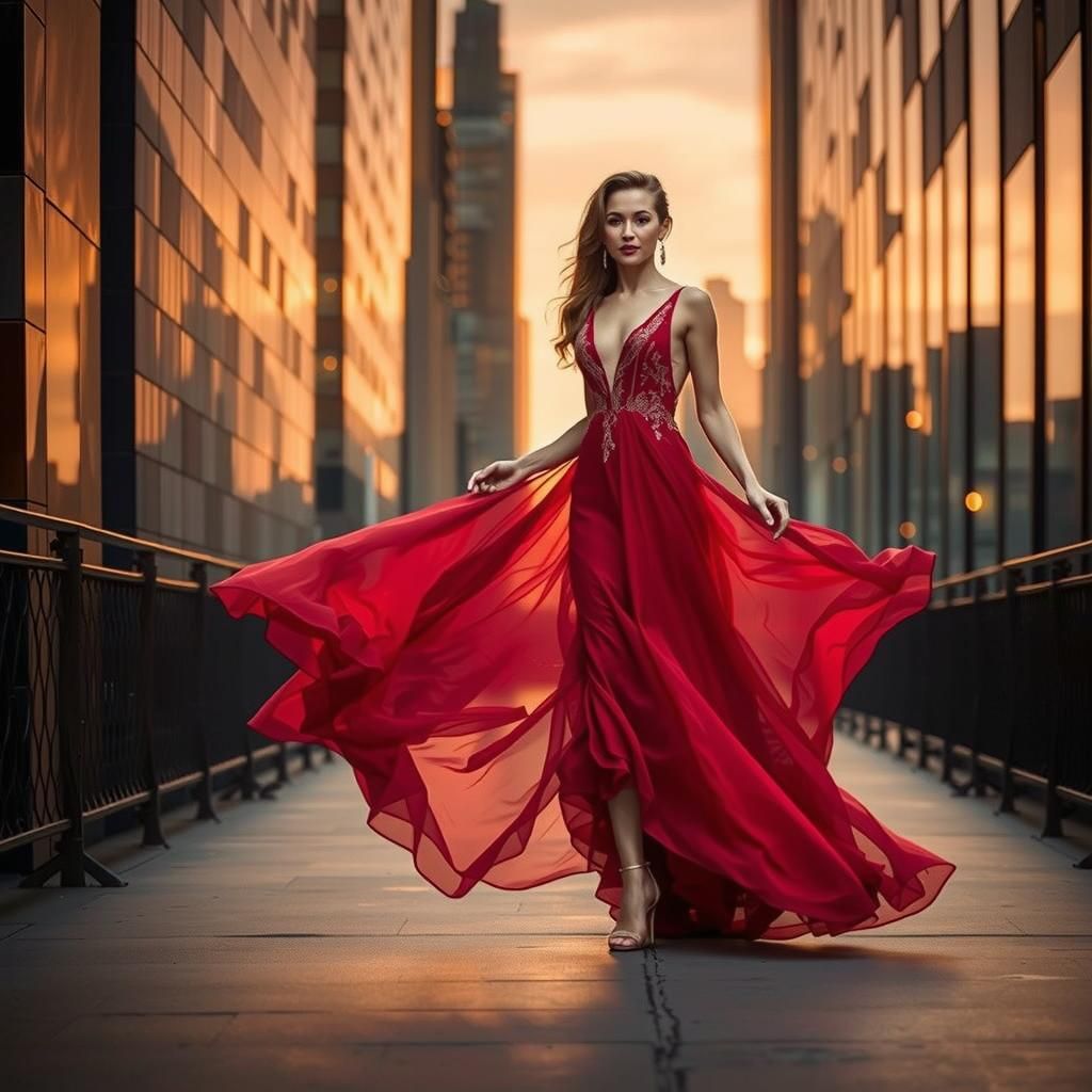 Woman in Red Gown Strolling Through Cityscape