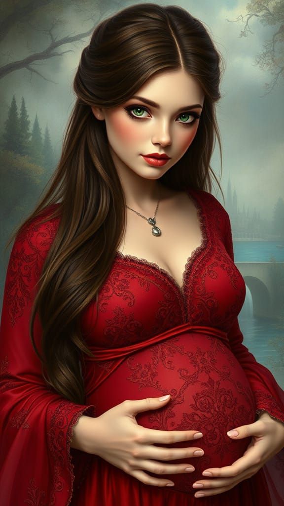 Ethereal Fantasy Portrait of Pregnant Woman in Ruby Red Gown
