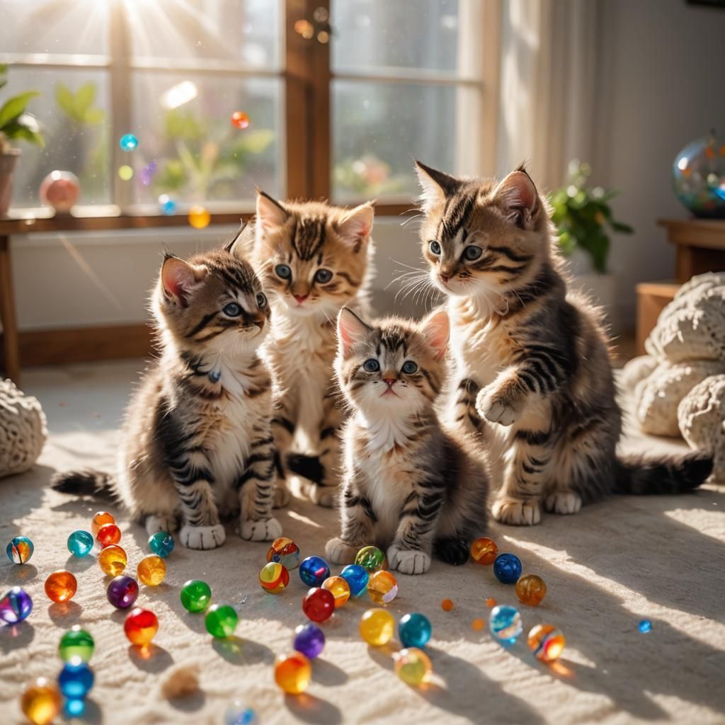 Cute Kittens Play with Marbles in Sunlight