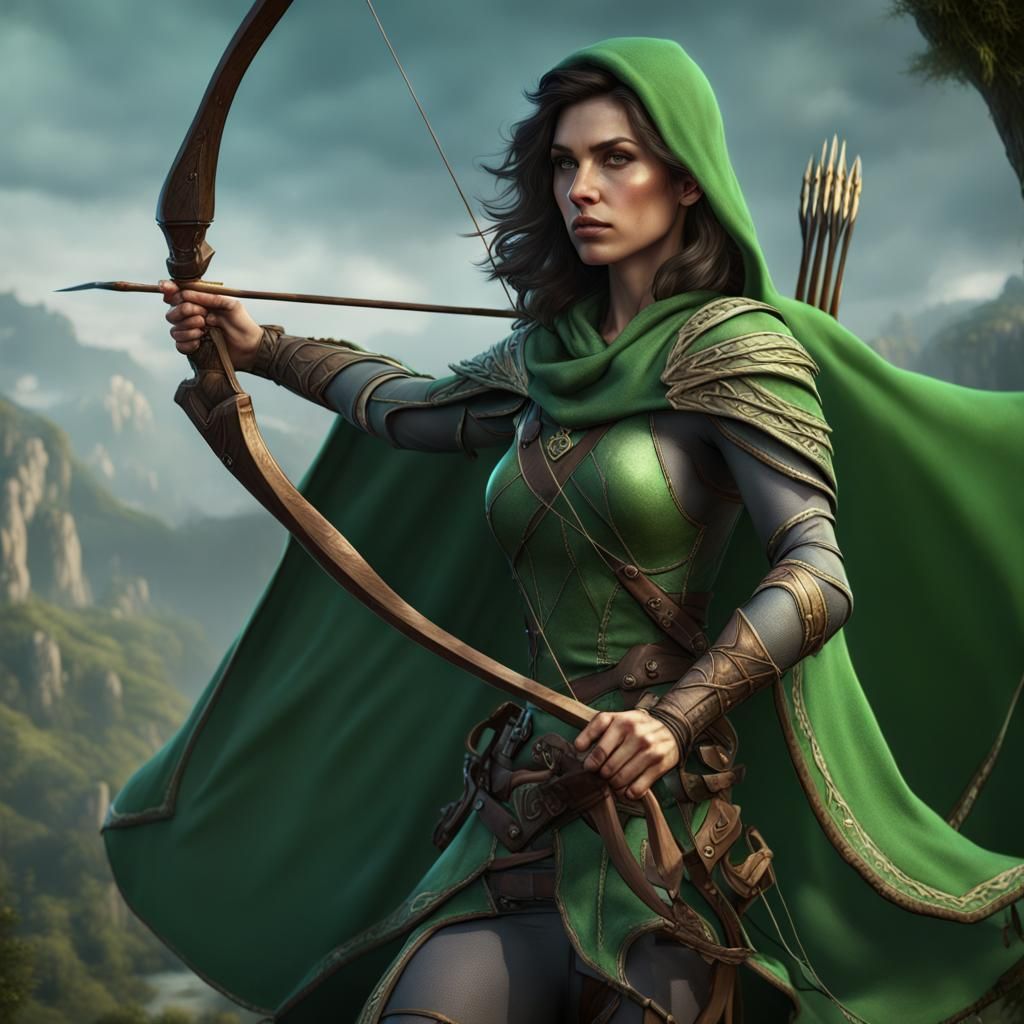 Fantasy Archer with Green Cape, Detailed Matte Painting
