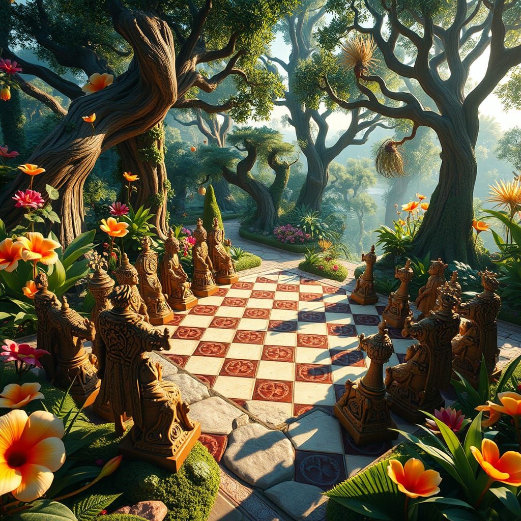 Botanical Garden Chess Game in a Dreamlike Style