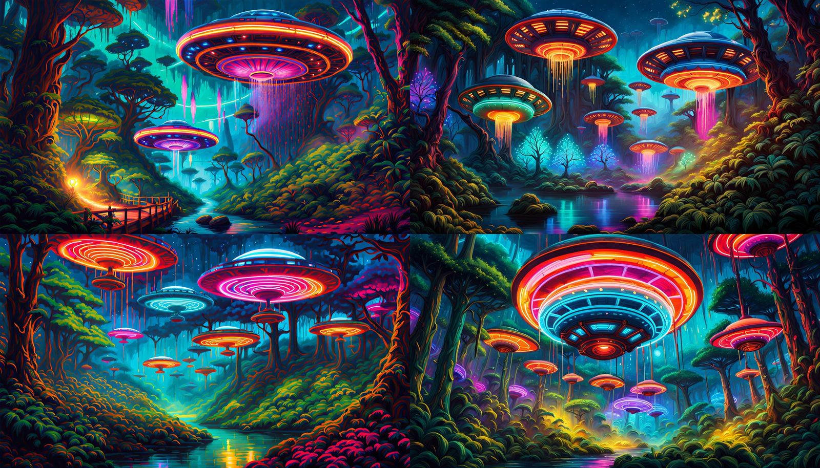 UFOs in Avatar Forest: Neon Graffiti Street Art