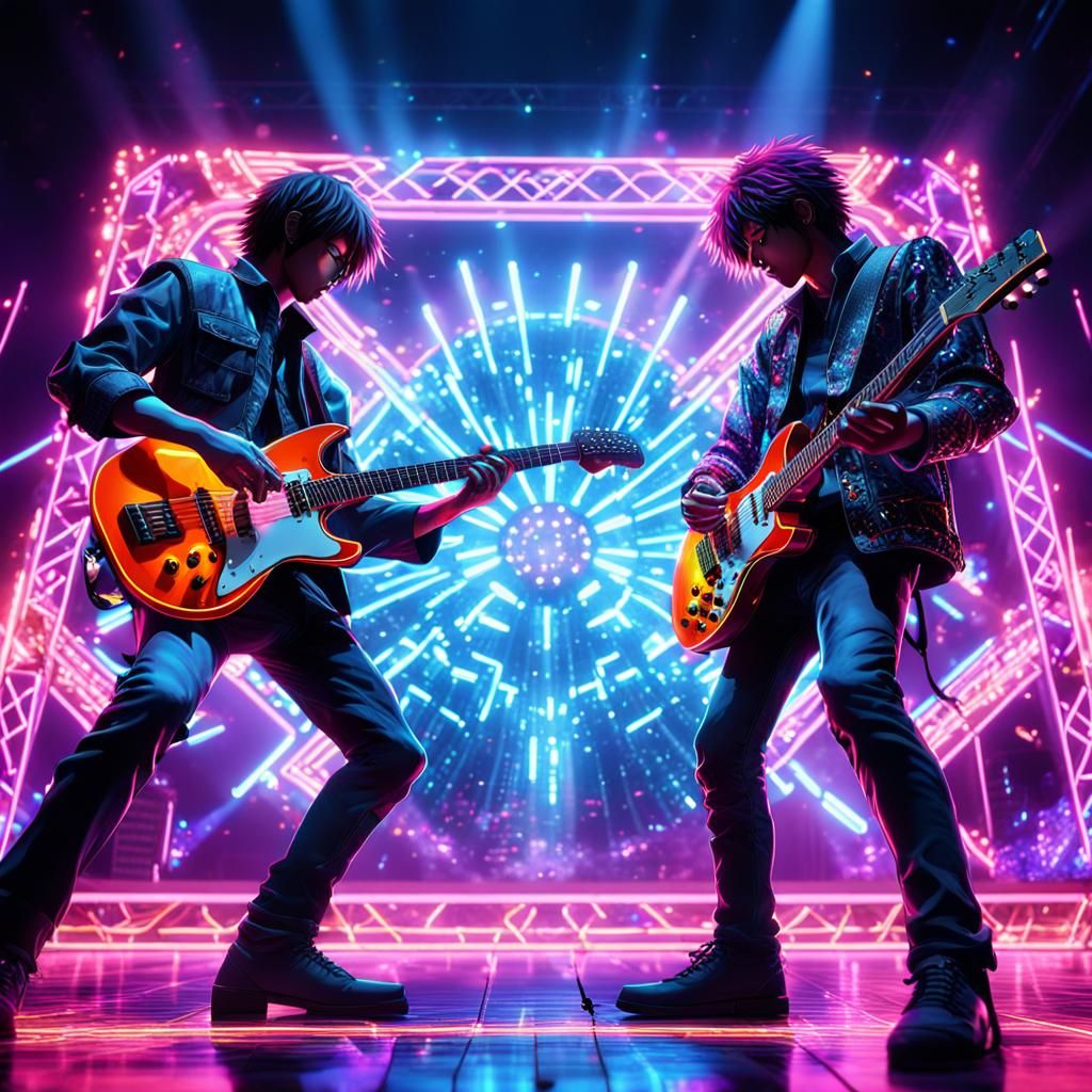 Epic Guitar Duel on Neon Stage: Anime-Inspired 3D Art