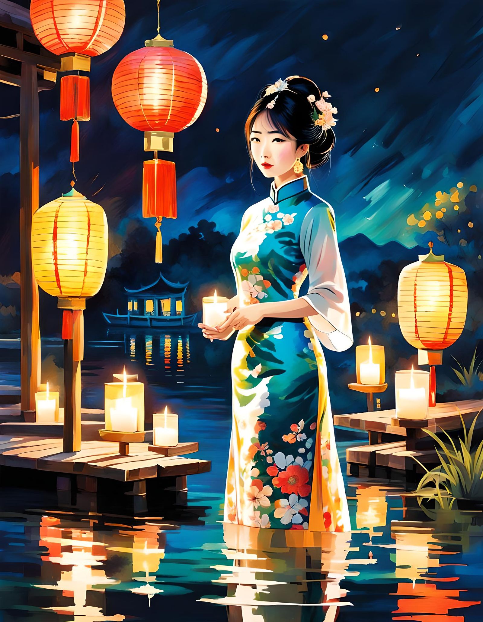 Asian Woman on Pond in Expressionist Style