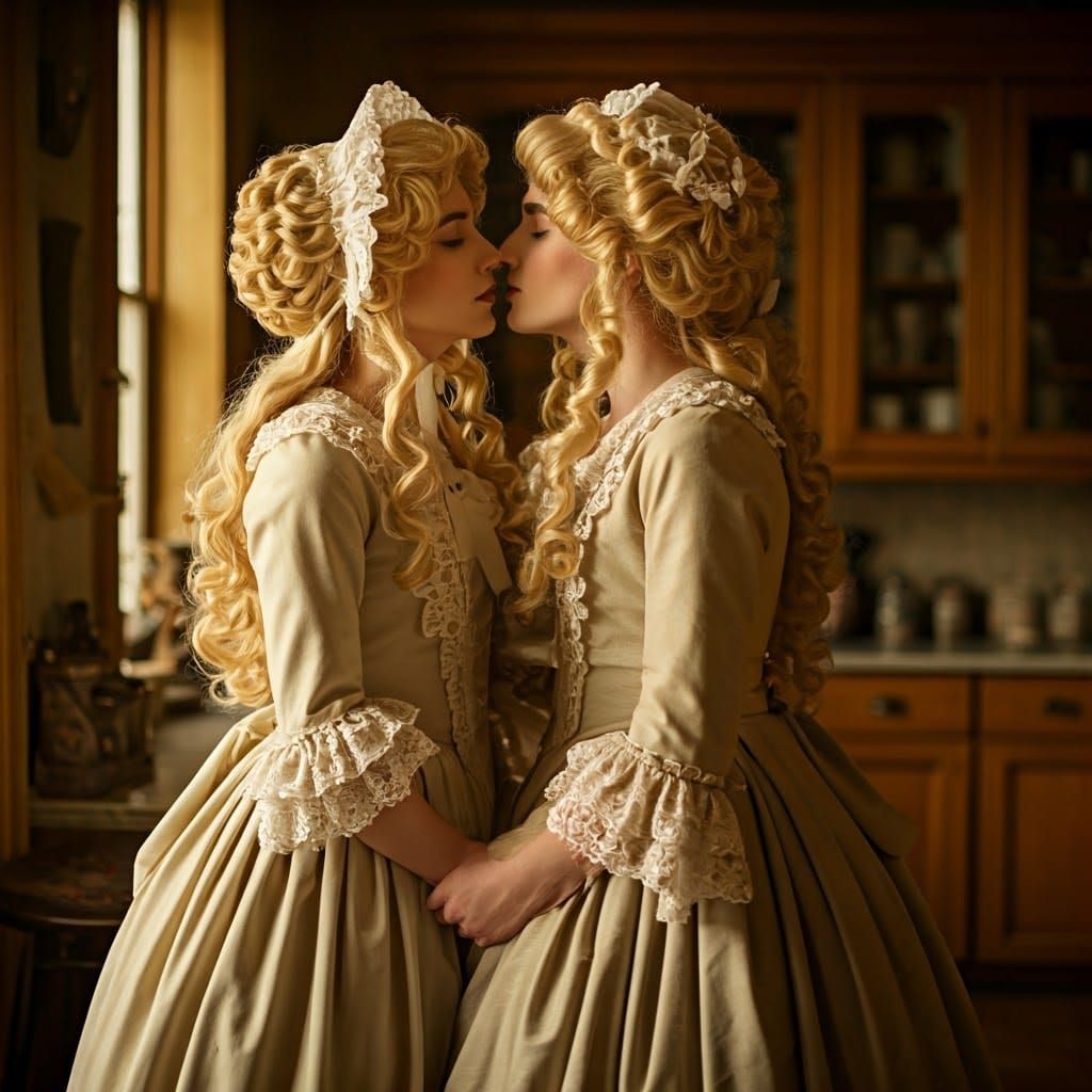 Colonial Era Romance: Crossdressing Couple in Old Kitchen