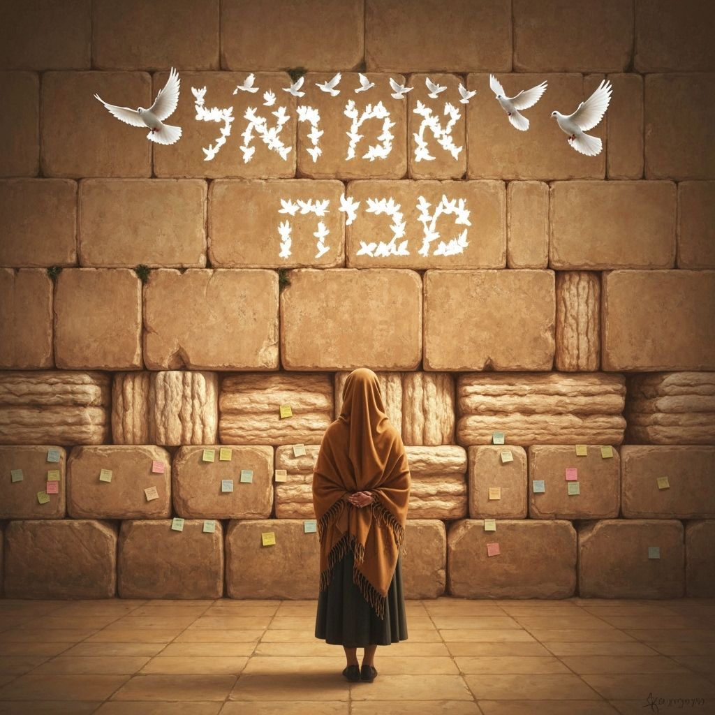 Woman at Western Wall with Doves in Fantasy Style