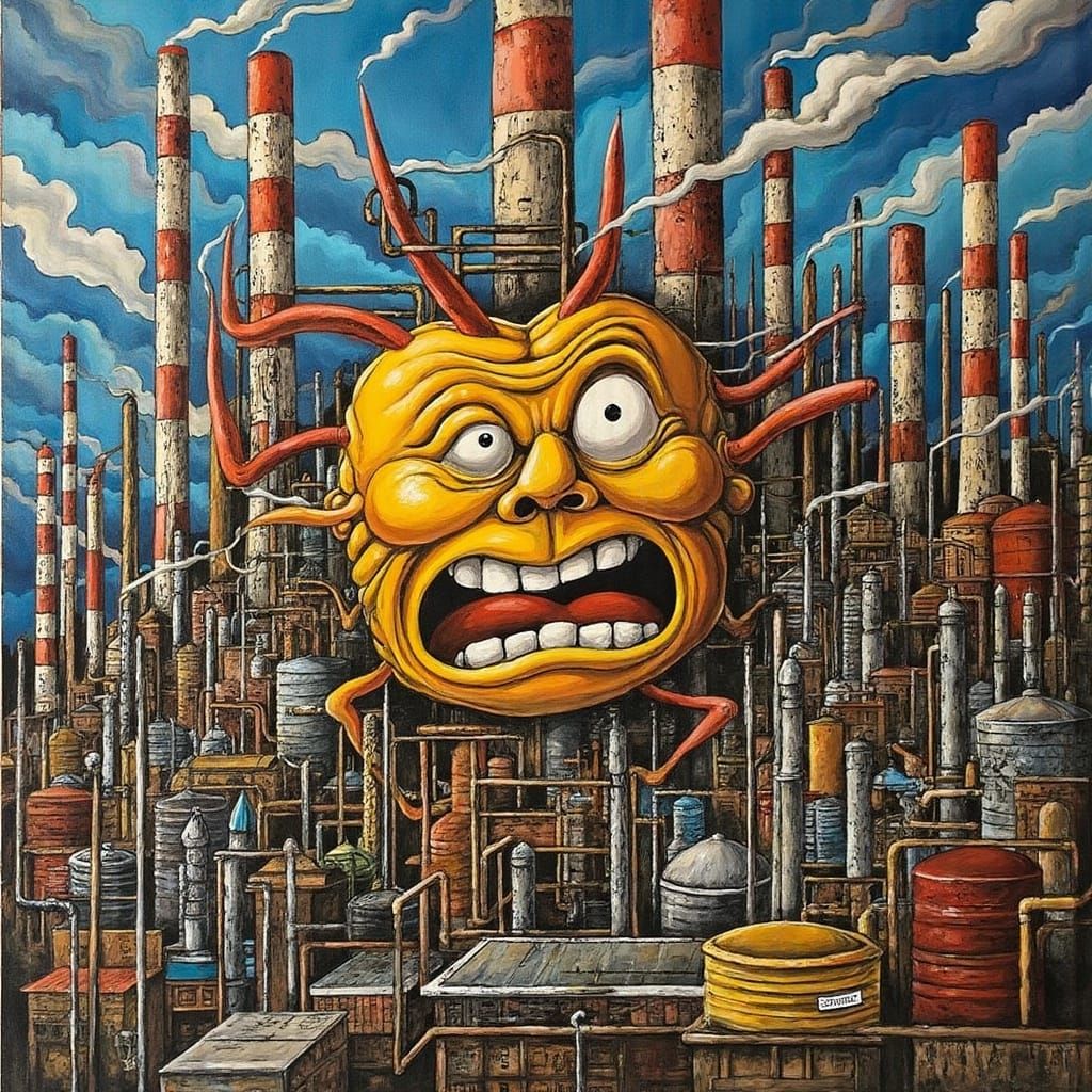 Surreal Cityscape Dystopia with Exaggerated Cartoon Face
