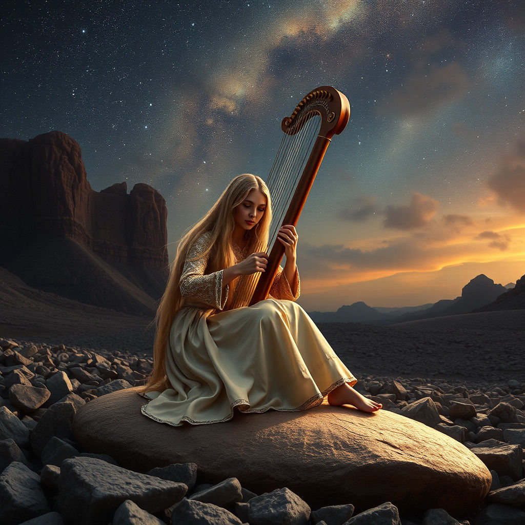 Medieval Harpist in a Dreamy Universe, Hyper-Realism