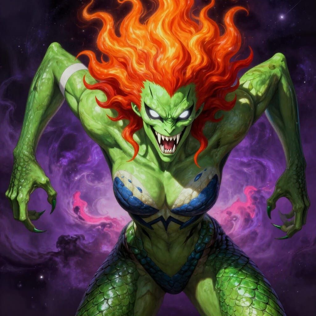 She-Demon Shedim with Fiery Hair and Reptilian Scales