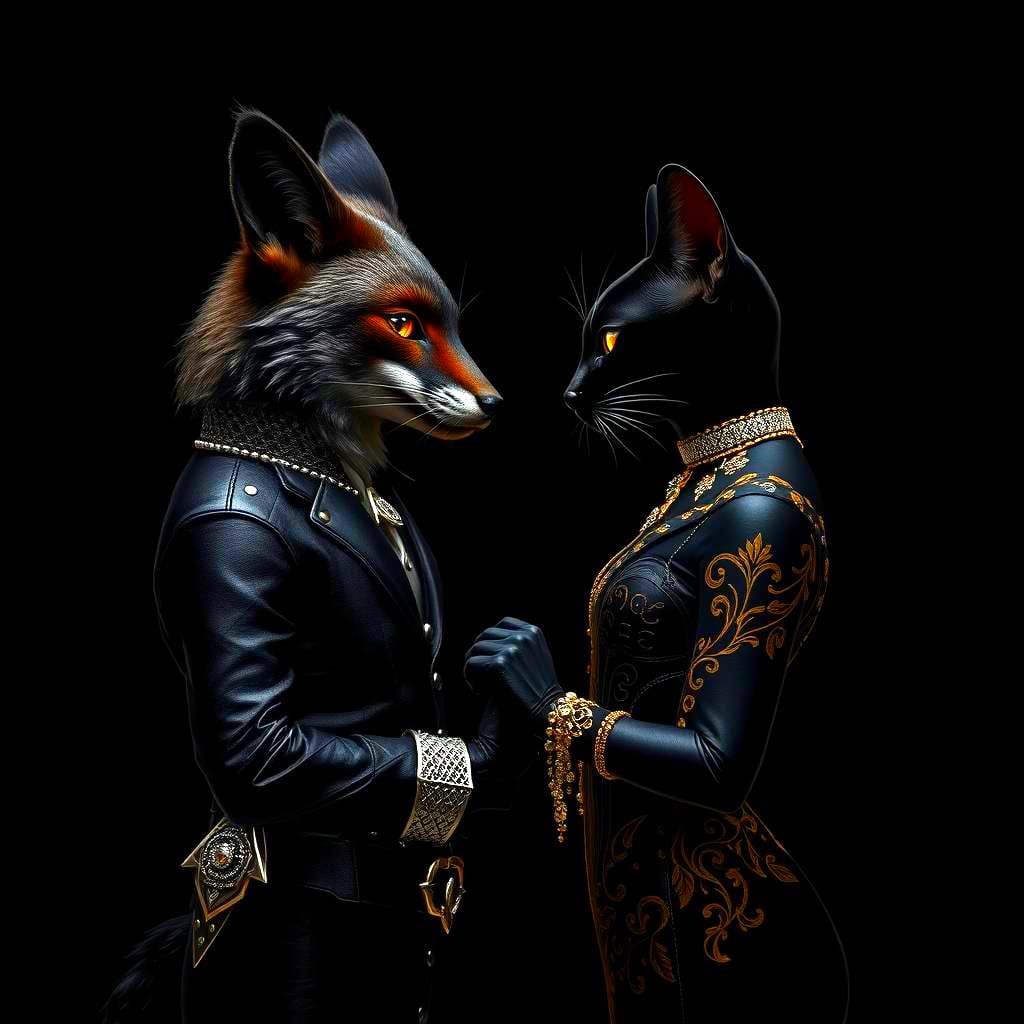 Elegant Dark Silhouette: Fox and Cat in Leather