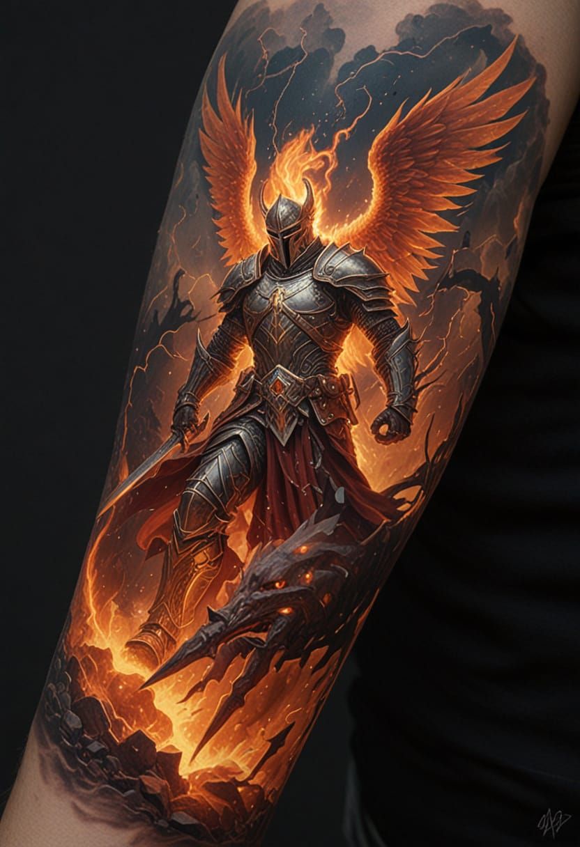 Knight and Phoenix in Fiery Fantasy Storm