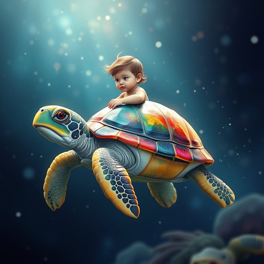 Child Rides Rainbow Turtle: Watercolor Art
