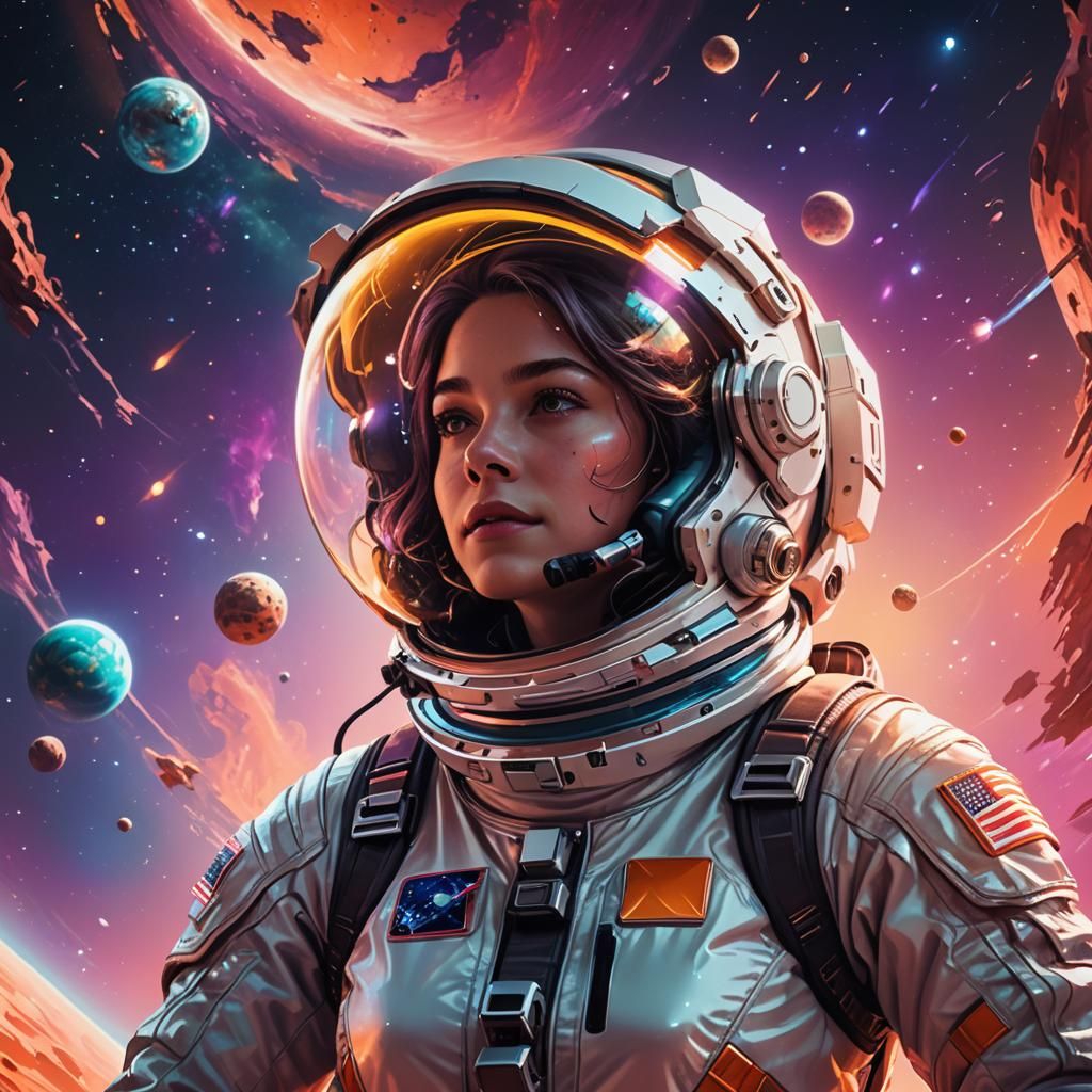 Woman in Spacesuit Gazing at Distant Planet