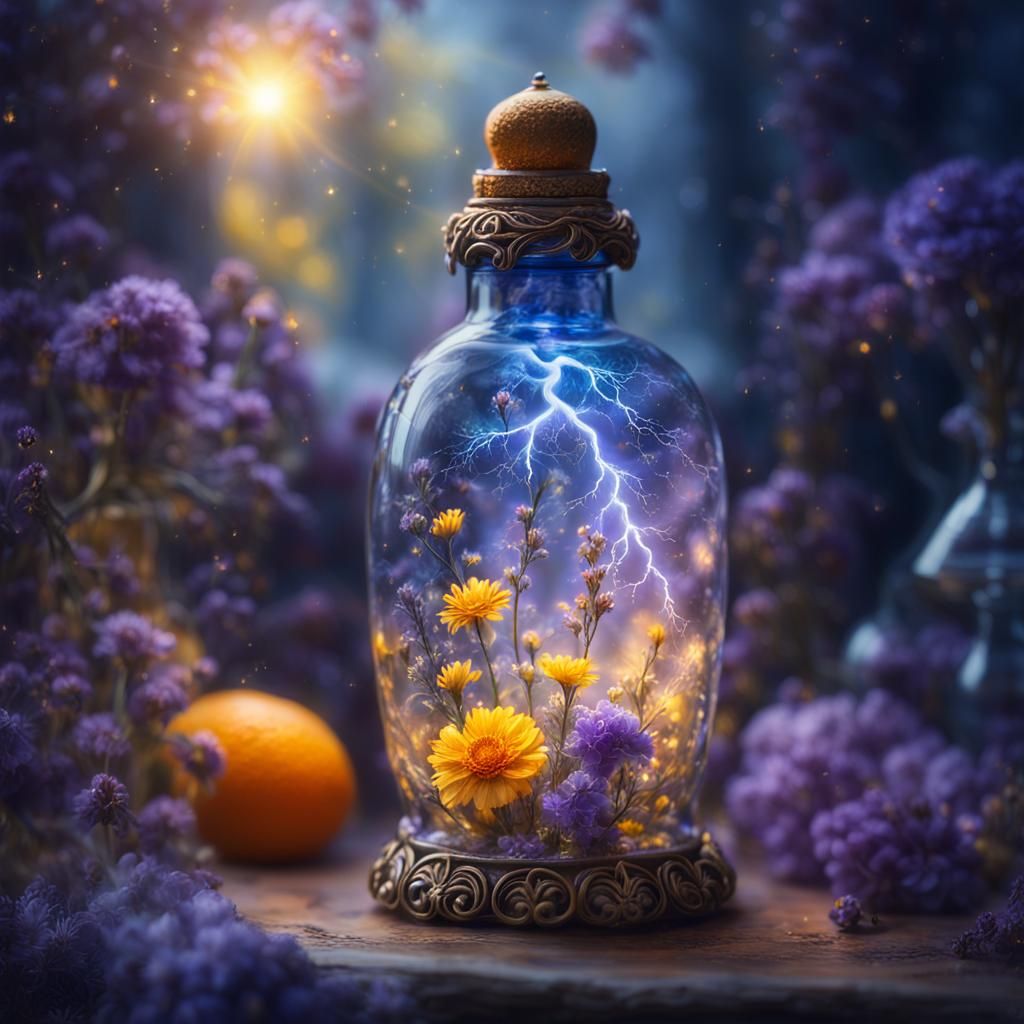 Lightning Flowers in Glass Bottle: Fantasy Concept Art