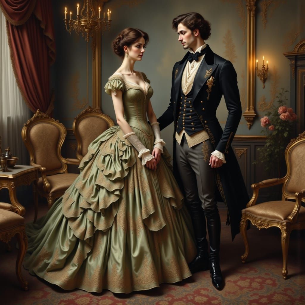 Victorian Couple in Opulent Mansion, Pre-Raphaelite Style