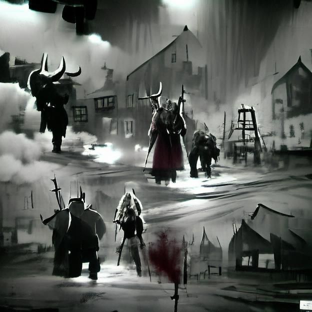 Vikings Storming Village in Film Noir Style