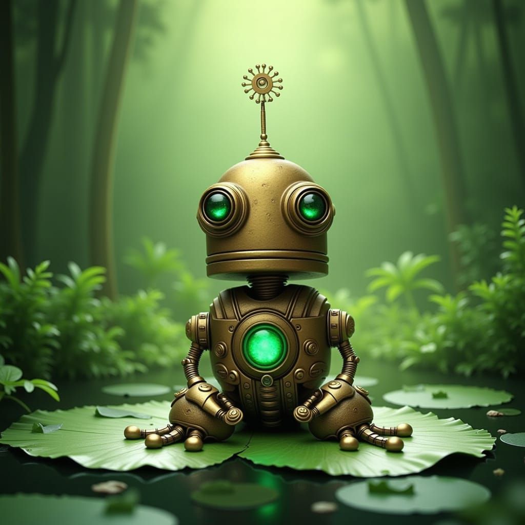 Steampunk Frog Robot with Emerald Eyes