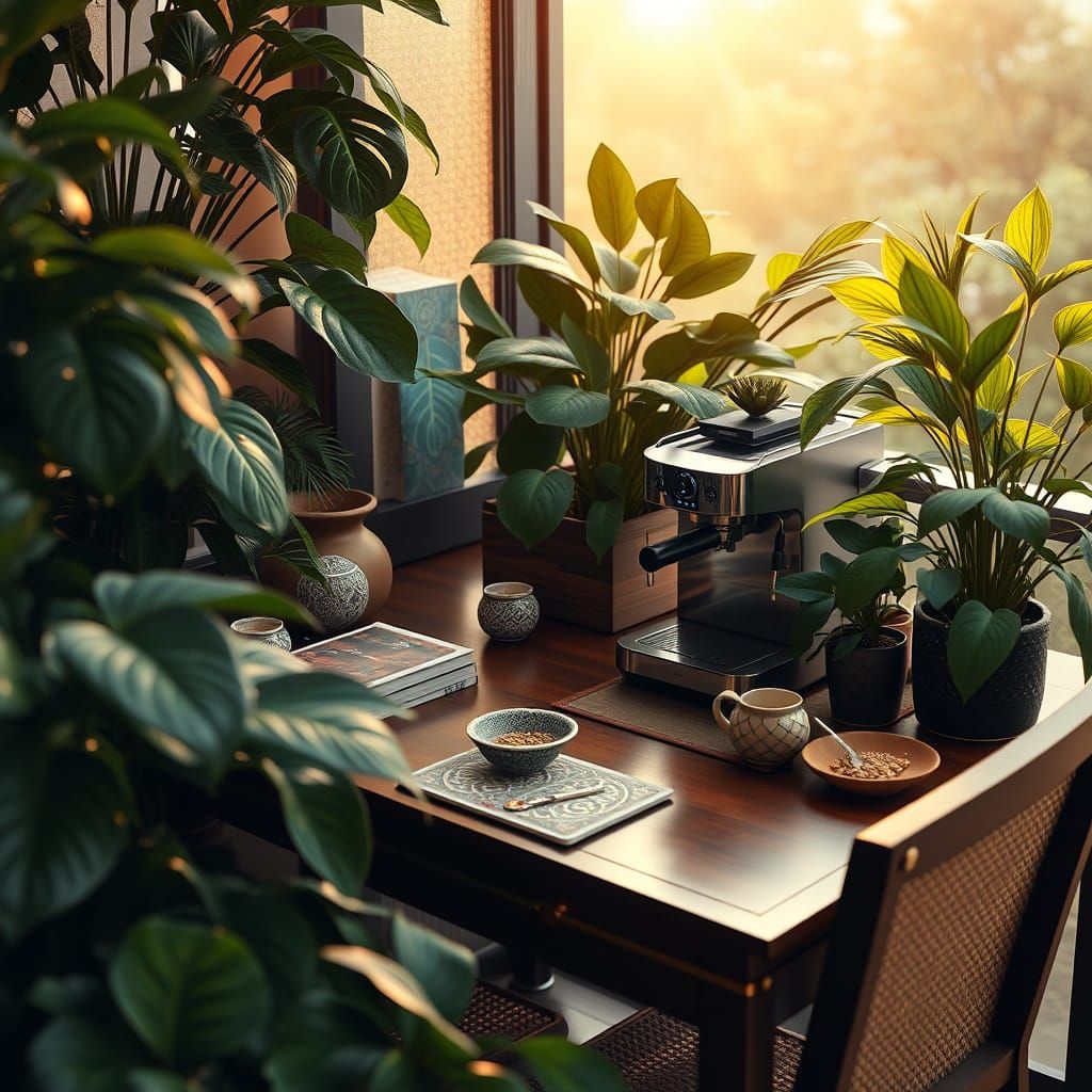 Serenely Organized Workspace with Lush Greenery and High-End...