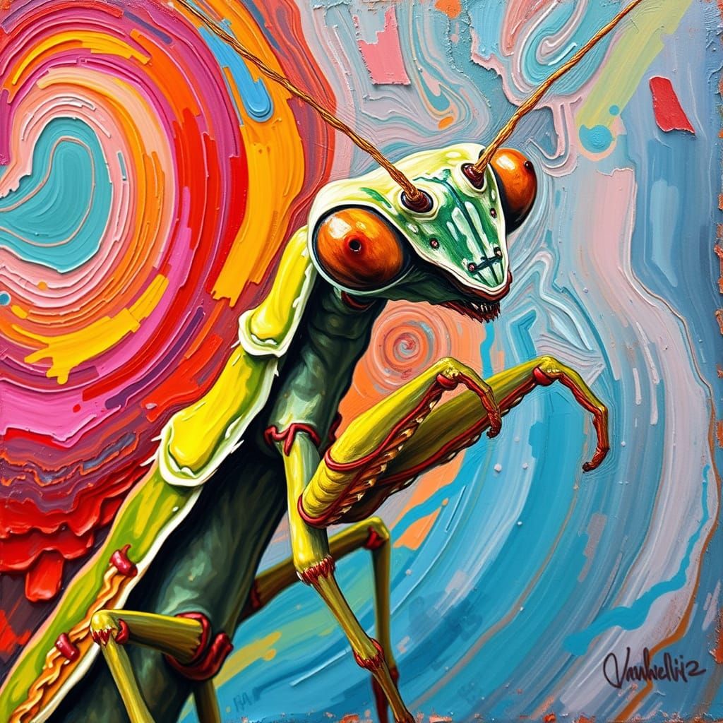 Pickle-Head Mantis in Expressionist Impasto Style