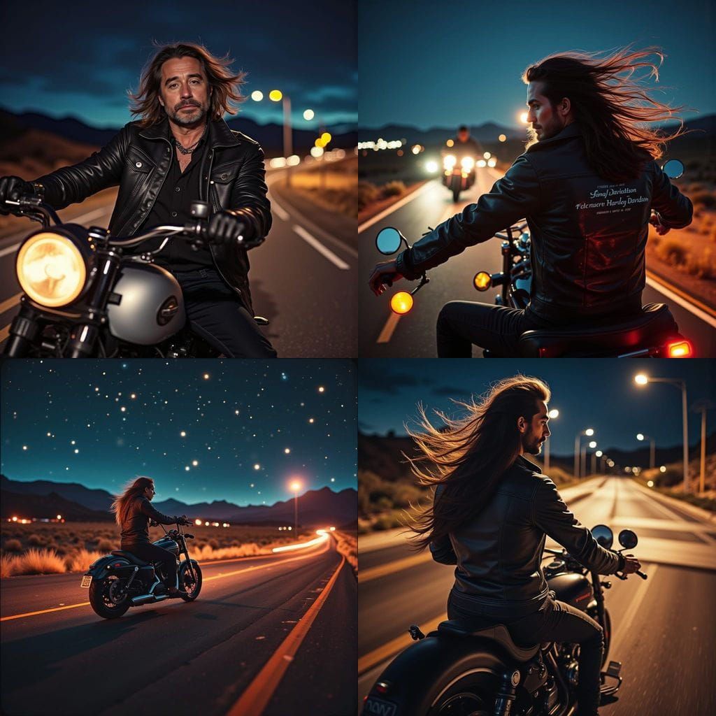 Rugged Biker Rides Harley Through Desert Night
