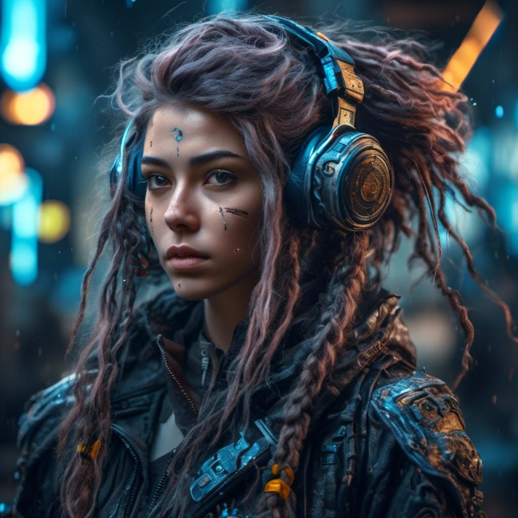 Cyberpunk Girl with Fantasy Hair in Hyperreal Detail