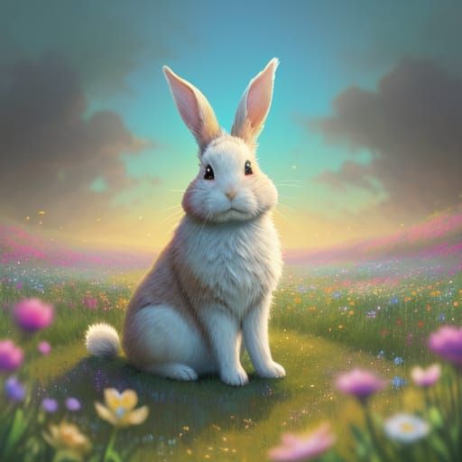 Whimsical Rabbit in Vibrant Flower Field