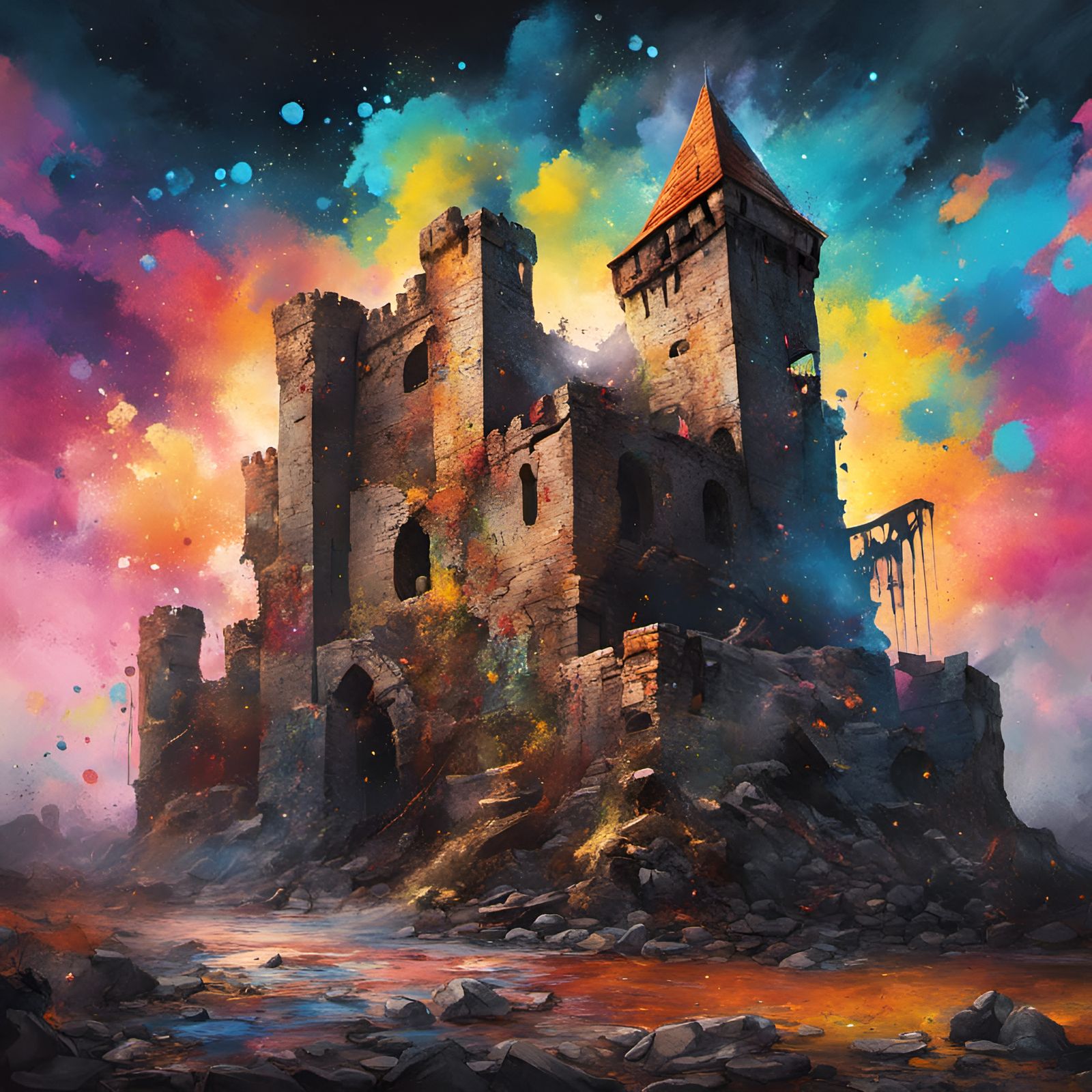 Medieval Castle Ruins with Supernova, Graffiti Art