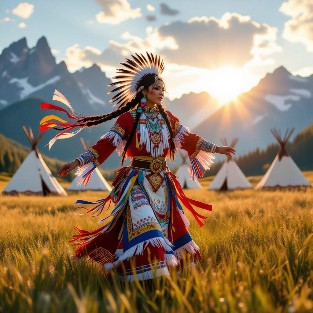Indigenous Woman Dancing in Mountain Meadow, 3D Anime Style