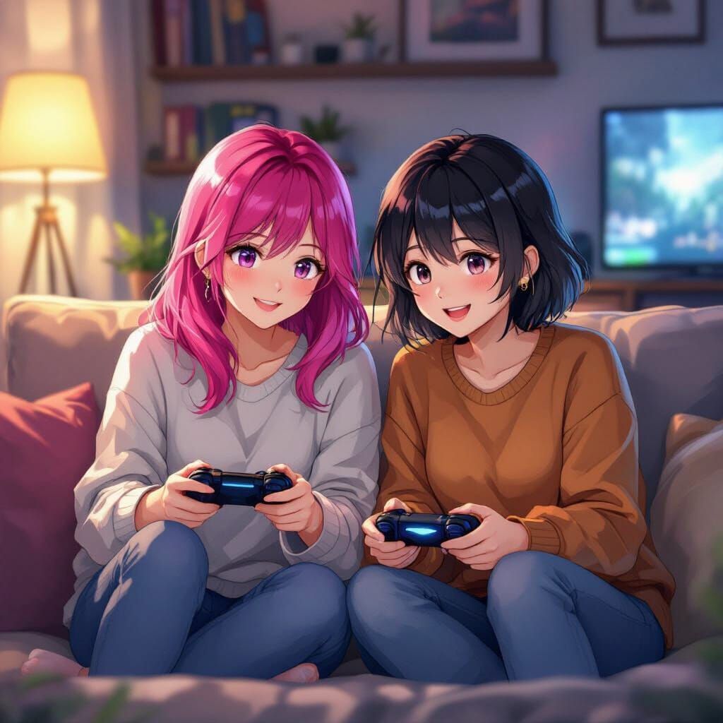 Anime Couple Gaming Together on Couch