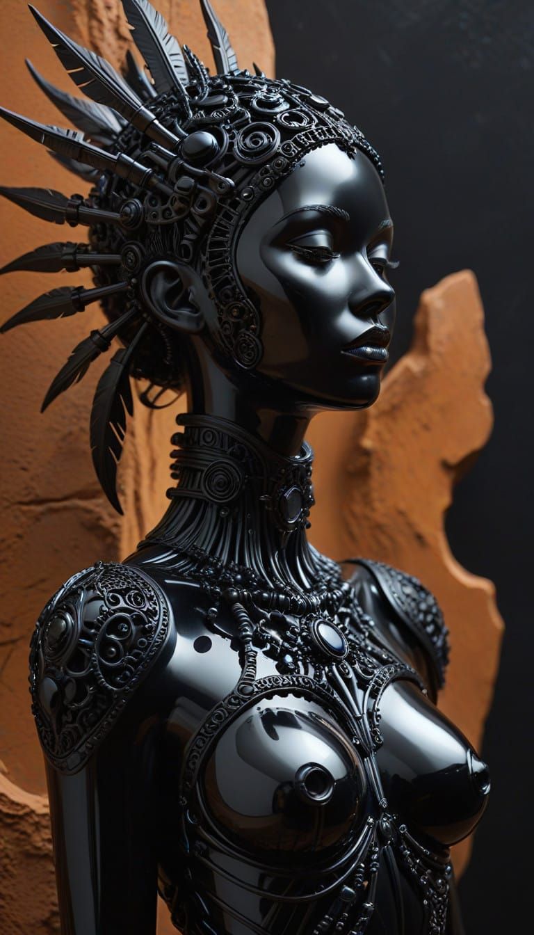 Cyberpunk Goddess Emerging from Dark Onyx