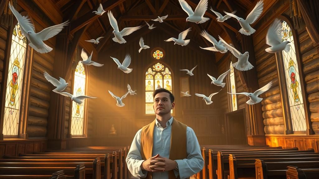 Pastor in Rustic Church with Doves, Oil Painting