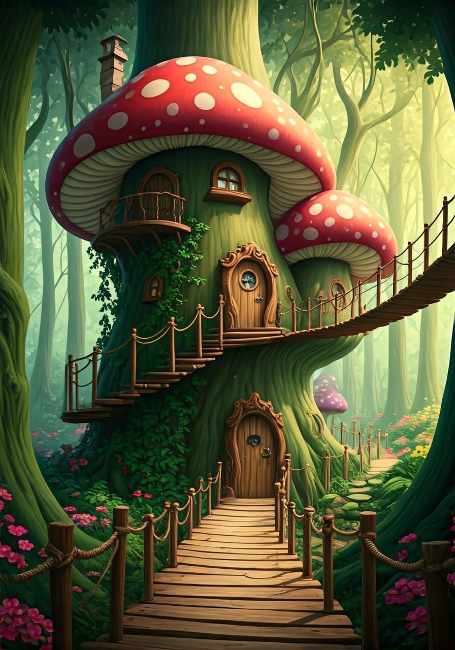 Enchanted Woodland Smurf Village in Whimsical Fantasy Style