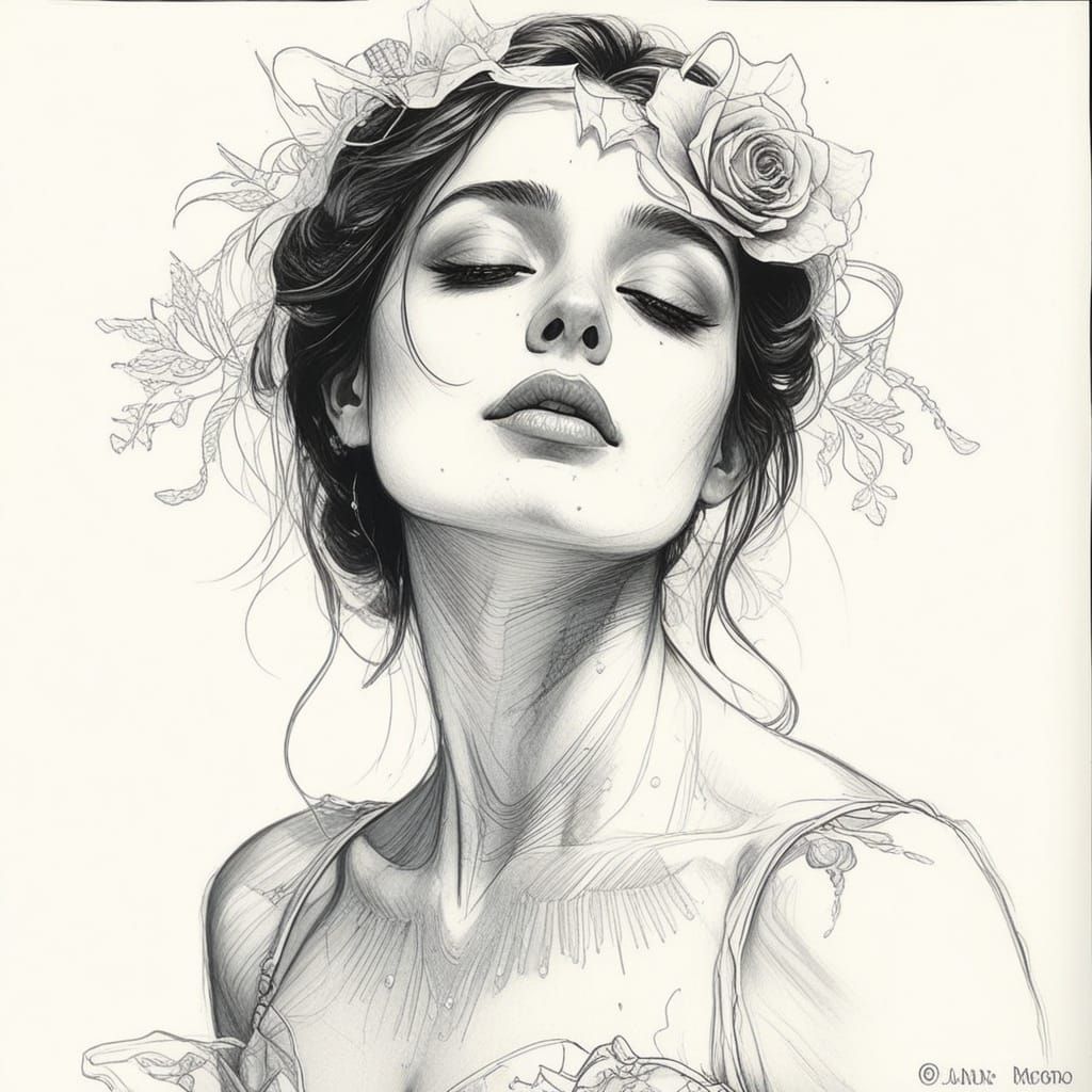 Elegant Ballerina Portrait in Intricate Ink Drawing